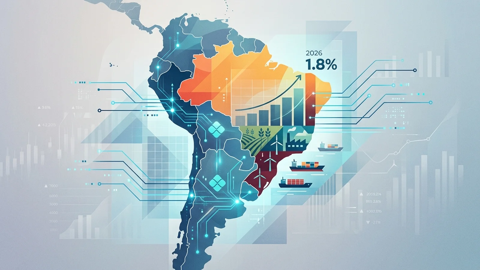 Gráfico econômico estilizado ilustrando o crescimento do PIB do Brasil e a expansão tecnológica do Pix na América Latina.